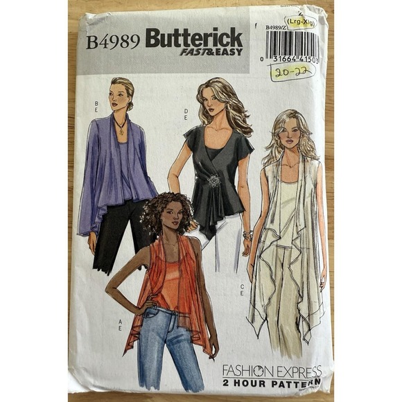 Butterick Other - Butterick Pattern B4989 Misses' Loose-Fitting Tops & Camisole Size L-XL Uncut FF